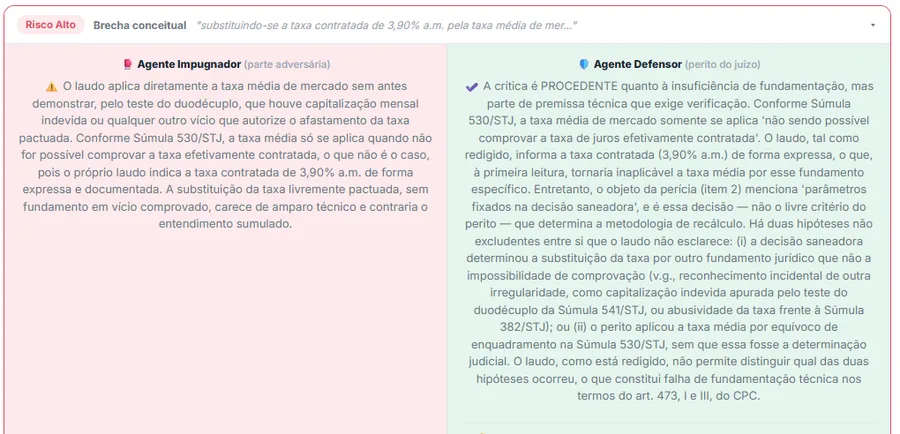 Debate entre os dois agentes sobre um ponto de risco alto: o agente impugnador alega que o laudo aplicou a taxa média sem demonstrar vício, citando a Súmula 530 do STJ; o agente defensor responde que a crítica é procedente quanto à fundamentação e distingue duas hipóteses que o laudo não esclarece, citando as Súmulas 541 e 382 do STJ e o art. 473 do CPC.