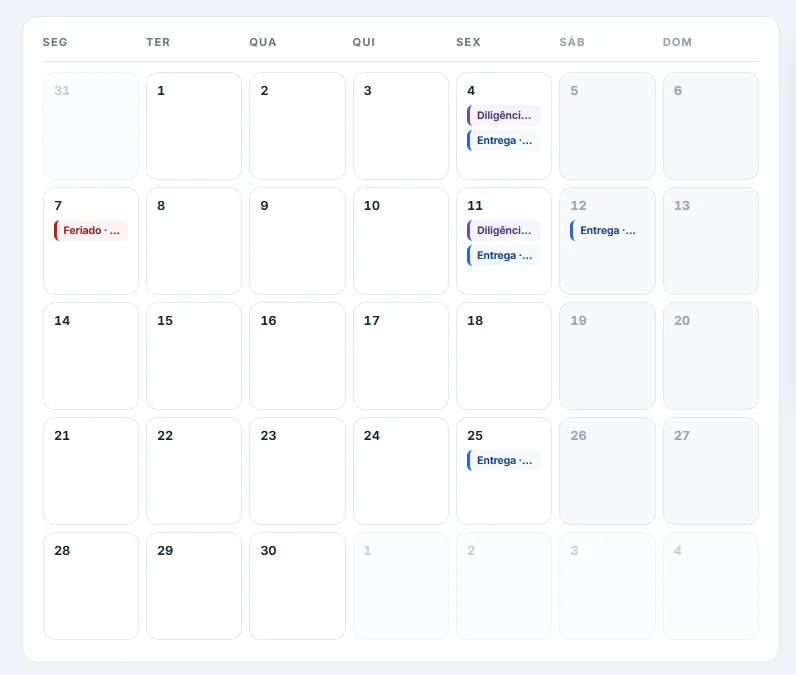 Visão de mês da agenda com entregas e diligências marcadas nos dias 4, 11, 12 e 25 de setembro, e o feriado do dia 7 destacado em vermelho.