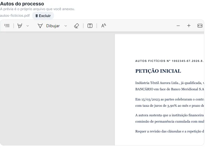 Prévia do PDF dos autos dentro da aba, mostrando a petição inicial com a barra de ferramentas de anotação acima.