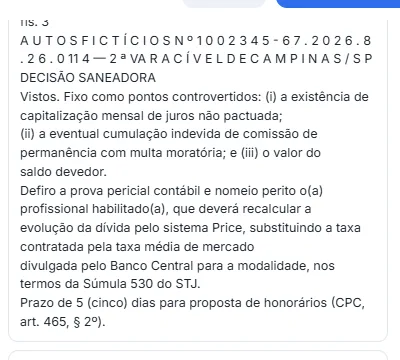 Resultado da busca mostrando o trecho da página 3 do arquivo, com o índice de proximidade, o cabeçalho da folha e o texto da decisão saneadora determinando o recálculo pelo sistema Price com a taxa média do Banco Central, nos termos da Súmula 530 do STJ.