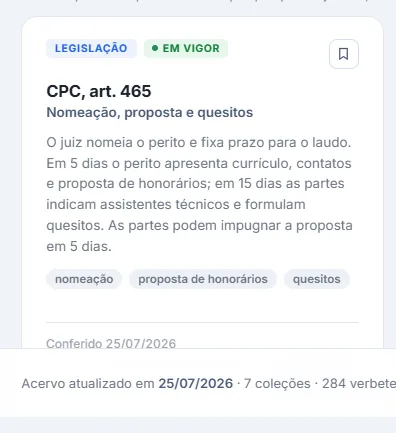 Card do verbete do CPC art. 465 com o selo de legislação em vigor, o resumo sobre nomeação, proposta e quesitos, as etiquetas de tema, a data em que foi conferido e os botões de resumo completo e de ir ao Planalto.