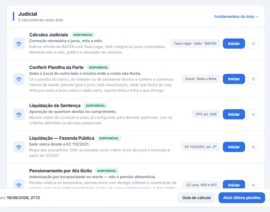Área Judicial do hub de calculadoras com cinco bancadas — cálculos judiciais, conferir planilha da parte, liquidação de sentença, correção pela EC 113/2021 e pensionamento por ato ilícito —, cada uma com a descrição e a etiqueta do fundamento legal.