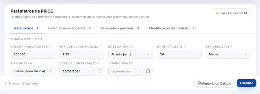 Cartão de parâmetros da PRICE com quatro abas — parâmetros, avançados, periciais e identificação do contrato — e os campos de valor financiado, taxa de juros, base da taxa, número de parcelas e periodicidade, além do botão de ler a cédula com IA.