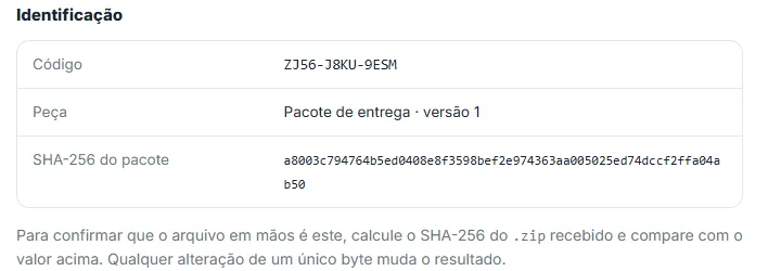 Identificação do Certificado de Conferência com o código, a peça — pacote de entrega versão 1 — e o SHA-256 do pacote, seguidos da instrução de calcular o SHA-256 do zip recebido e comparar.