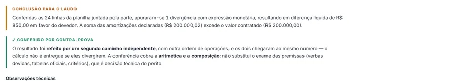 Bloco de conclusão para o laudo dizendo que foram conferidas 24 linhas, apurada 1 divergência com expressão monetária e diferença líquida de R$ 850,00 em favor do devedor, seguido do bloco de conferência por contra-prova.