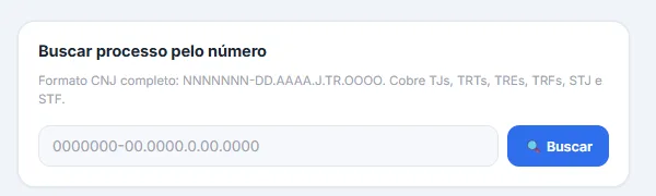 Tela de consulta ao DataJud do CNJ com o campo para buscar o processo pelo número no formato CNJ completo e a nota de que a base cobre tribunais de justiça, tribunais regionais do trabalho, eleitorais, federais, o STJ e o STF.