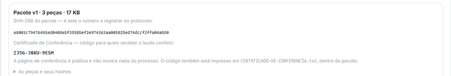 Bloco do pacote gerado, versão 1, com três peças e 17 KB, o SHA-256 do pacote para registrar no protocolo, o código do Certificado de Conferência e a nota de que a página de conferência é pública e não mostra nada do processo.