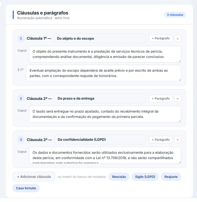 Cláusulas e parágrafos da proposta com três cláusulas numeradas — do objeto e do escopo, do prazo e da entrega, e da confidencialidade citando a Lei 13.709/2018 — e os botões para acrescentar cláusula ou inserir do banco de modelos.