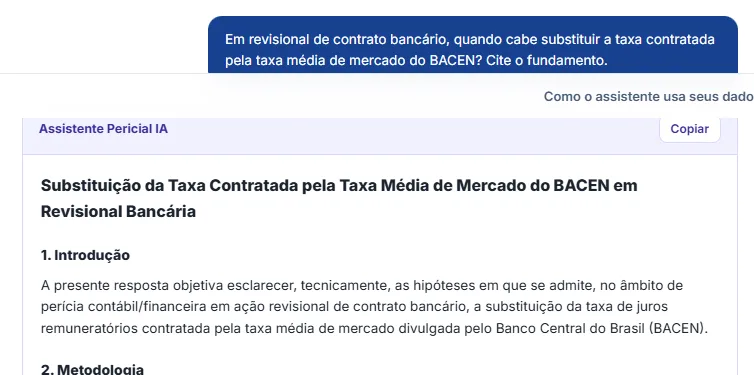 Resposta do assistente sobre substituição da taxa contratada pela taxa média do BACEN, estruturada em introdução e metodologia, distinguindo a hipótese de taxa comprovada nos autos, com o Tema 246 e a Súmula 382 do STJ, da hipótese de taxa não comprovada, com a Súmula 530 do STJ.