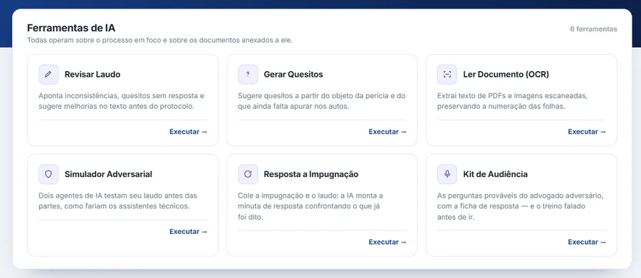 Bancada com as seis ferramentas de IA: revisar laudo, gerar quesitos, ler documento por OCR, simulador adversarial, resposta a impugnação e kit de audiência, cada uma com a descrição do que faz e o botão de executar.