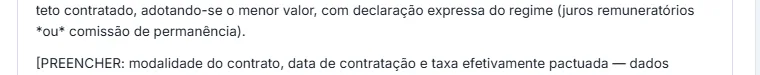 Trecho da resposta com o marcador entre colchetes pedindo preencher a modalidade do contrato, a data de contratação e a taxa efetivamente pactuada, indicando que são dados necessários para a apuração numérica concreta e ainda não fornecidos.