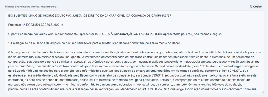 Campo com a minuta pronta para revisar e protocolar, começando pelo endereçamento ao juízo da vara cível, e o botão de copiar.