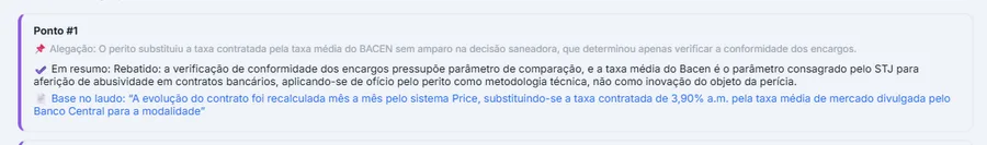 Ponto 1 da resposta, com a alegação de que o perito substituiu a taxa contratada sem amparo na decisão saneadora, a resposta explicando que a taxa média do BACEN é parâmetro consagrado pelo STJ, e a base no laudo citada entre aspas.