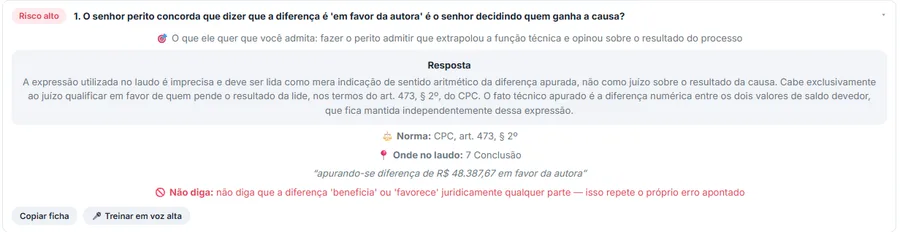Ficha de resposta da primeira pergunta, de risco alto, indicando o que o advogado quer que o perito admita, a resposta técnica citando o art. 473, § 2º do CPC, onde o trecho está no laudo com a citação, e o aviso de não dizer que a diferença beneficia ou favorece qualquer parte.
