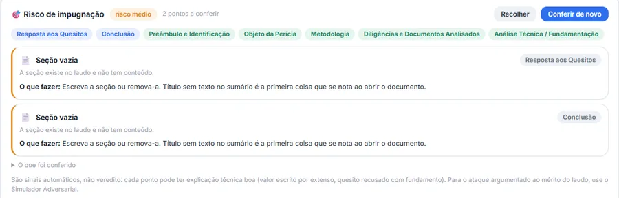 Painel de risco de impugnação com selo de risco médio e dois pontos a conferir, listando duas seções vazias — resposta aos quesitos e conclusão — cada uma com a orientação de escrever ou remover a seção.