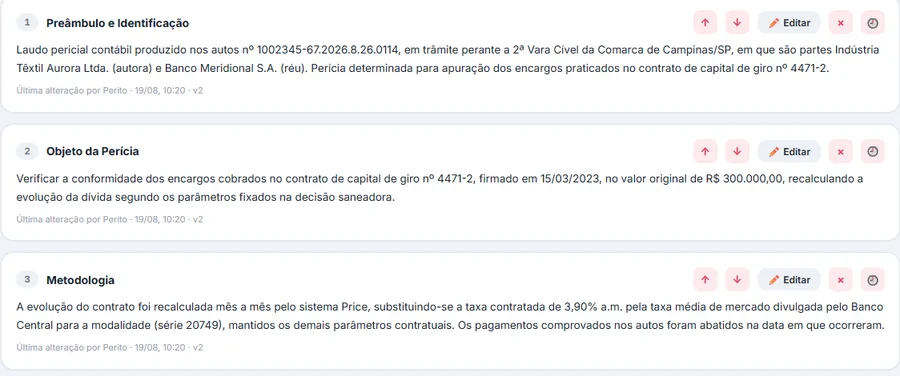Seções do laudo numeradas e editáveis, cada uma com o texto redigido, a data da última alteração, a versão e os botões de mover, editar, remover e ver histórico.