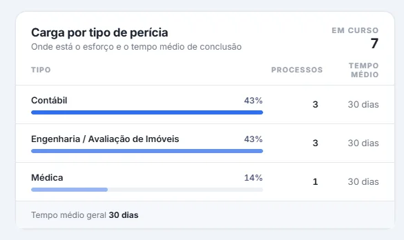 Cartão "Carga por tipo de perícia": contábil com 43% e 3 processos, engenharia com 43% e 3 processos, médica com 14% e 1 processo, todos com tempo médio de 30 dias.