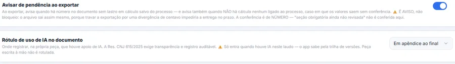 Bloco de assinatura e transparência da Política do Laudo, com o aviso de pendência ao exportar e o seletor de onde registrar o uso de IA no documento, ambos com o texto explicando o alcance de cada um.
