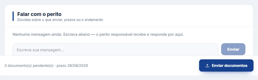 Seção "Falar com o perito" no portal, com o campo de mensagem e o aviso de que o perito responsável recebe e responde por ali.