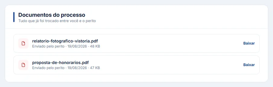 Seção "Documentos do processo" vista pelo cliente, com dois arquivos publicados pelo perito, cada um com a data, o tamanho e o botão de baixar.