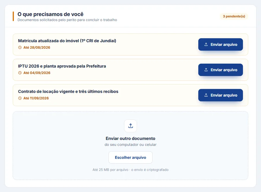 Seção "O que precisamos de você" no portal: três documentos solicitados — matrícula do imóvel até 28/08, IPTU e planta até 04/09, contrato de locação até 11/09 —, cada um com botão de enviar arquivo, e uma área para enviar outro documento.