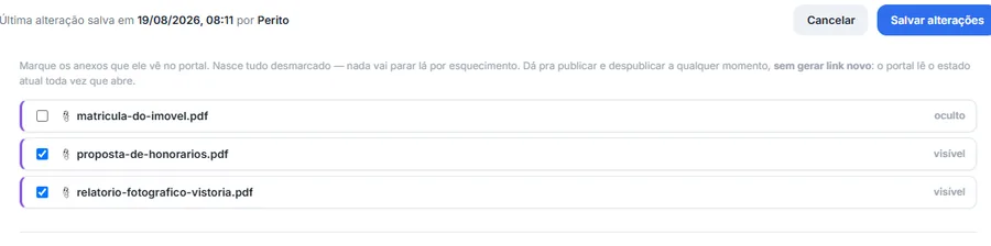 Seção 2 da aba do portal: lista de anexos do processo com caixas de seleção, dois marcados como visíveis ao cliente e um marcado como oculto.