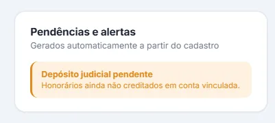Cartão "Pendências e alertas" do processo, gerado automaticamente a partir do cadastro.