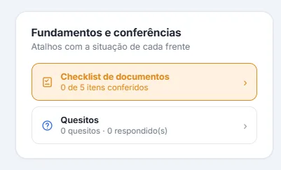 Cartão "Fundamentos e conferências" com atalhos para o checklist de documentos, com 0 de 5 itens conferidos, e para os quesitos.