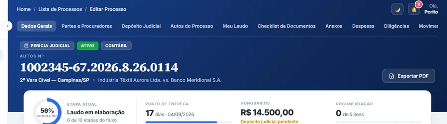 Cabeçalho de um processo judicial: os selos de perícia judicial, ativo e contábil, o número dos autos, a vara e as partes — Indústria Têxtil Aurora contra Banco Meridional — e o botão de exportar PDF.