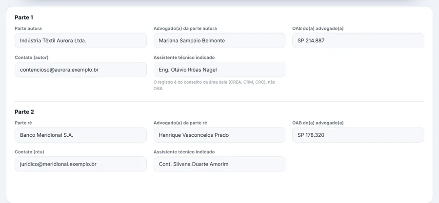 Aba de partes e procuradores com a parte autora, seu advogado com OAB, o contato e o assistente técnico indicado, e os mesmos campos para a parte ré.