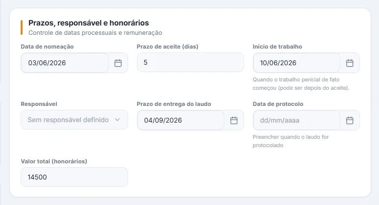 Cartão "Prazos, responsável e honorários" com data de nomeação, prazo de aceite em dias, início de trabalho, responsável, prazo de entrega do laudo, data de protocolo e valor total.