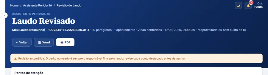 Cabeçalho da tela de laudo revisado com o nome do arquivo, o número dos autos, a contagem de parágrafos, os apontamentos, as premissas não conferidas, a data da revisão e a informação de que foi reaproveitada duas vezes sem custo de IA.