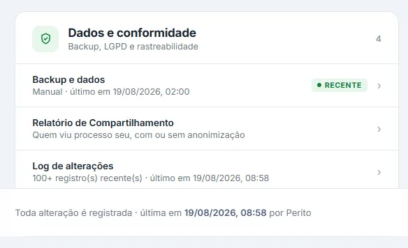 Grupo "Dados e conformidade" das configurações, com backup e dados, relatório de compartilhamento, log de alterações com mais de cem registros recentes e exportação dos seus dados em JSON.