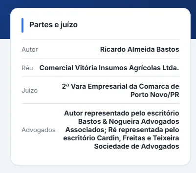 Cartão de partes e juízo de um caso simulado de apuração de haveres: autor, ré, a vara empresarial fictícia e os escritórios de advocacia que representam cada lado.