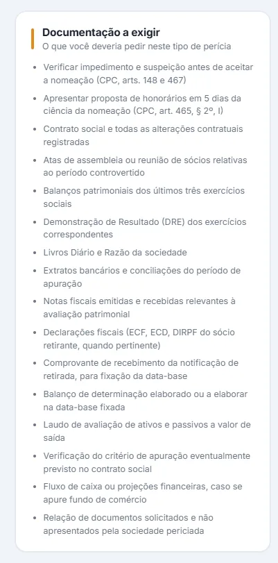 Lista "Documentação a exigir" de um caso de apuração de haveres, começando por verificar impedimento e suspeição antes de aceitar a nomeação e apresentar proposta de honorários em cinco dias, seguida do contrato social, atas de assembleia e balanços patrimoniais.