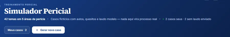 Cabeçalho do Simulador Pericial informando temas em cinco áreas de perícia, com casos fictícios que trazem autos, quesitos e laudo modelo, e a nota de que nada ali vira processo real.