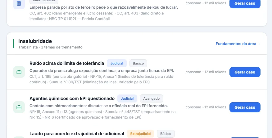 Área de insalubridade do catálogo de temas, com casos como ruído acima do limite de tolerância, agentes químicos com EPI questionável e laudo para evento extrajudicial de atividade, cada um com nível de dificuldade e o fundamento aplicável.